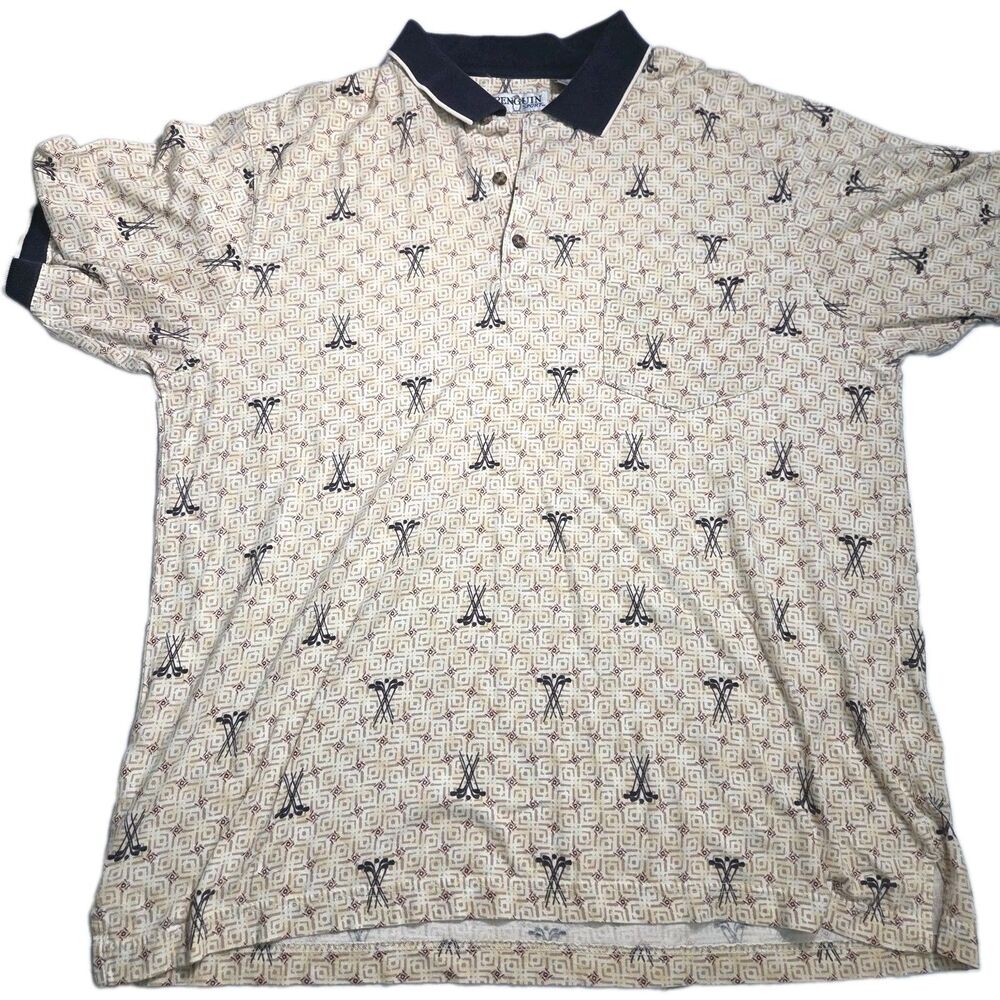 ​Vintage Grand Slam Penguin Sport Polo Shirt Mens Large Golf Clubs Geometric Tan